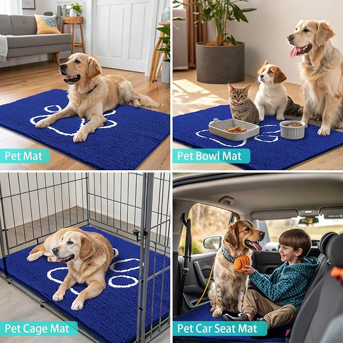 Smiry Dog Door Mat for Muddy Paws, Absorbent Dirt Trapper Non Slip Quick Dry Washable Chenille Mat for Mud Dogs, Entry Rug for Indoor and Outdoor (30x20 Inches, Royal Blue and White)