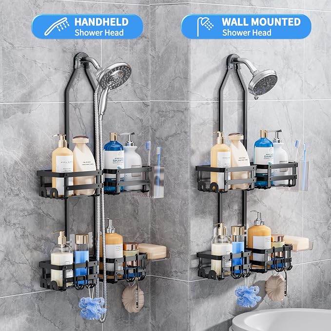 GAOKASE Aluminum Shower Caddy Hanging, Never Rust Shower Organizer- 4 Levels with adjustable Height 10 Hooks for Razor/Sponge - Rack with Soap Basket (Black-1)