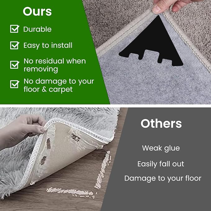 Triangle Rug Gripper Pads, Pack of 16 – Super Adhesive Reusable & Washable Non-Slip Corner Grips for Area Rugs, Mats & Runners, Helps Keep Rugs Flat on Hard Floors