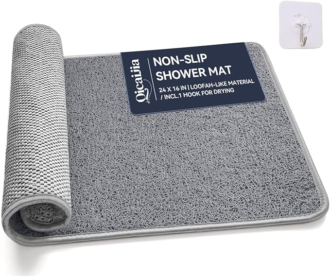Non Slip Shower Mat Bathtub Mat 16x24 Inch, Quick Dry Bath Mat with Drain, Soft PVC Imitation Loofah Foot Scrubber Bath Mats for Bathroom Tub Shower Floor, Hangable & Hook Included, Gray