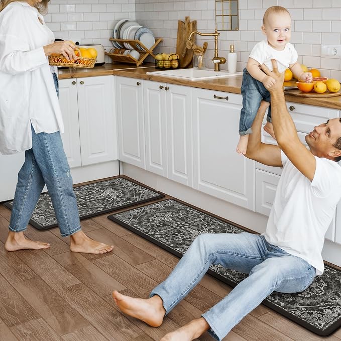 KIMODE Kitchen Mats Cushioned Anti Fatigue, Boho Vintage Kitchen Rugs Sets of 2, Non Slip Kitchen Mats for Floor, Memory Foam Kitchen Floor Mat for Sink Laundry Desk Black Multi 17"x47"+17"x29"