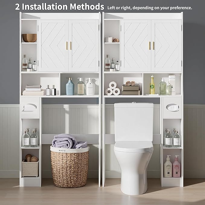VECELO Over The Toilet Storage Cabinet, Storage Cabinet Over Toilet with Adjustable Shelves & Toilet Paper Holder Stand, Home Space-Saving Toilet Storage, for Bathroom, Restroom, Laundry, White