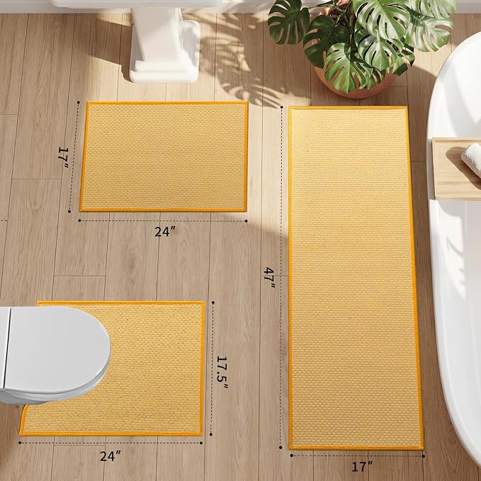 YIHOUSE Thin Bath Mat Yellow Bathroom Rugs Sets 3 Pieces, Non Slip Absorbent Bath Mats Quick Dry, Woven Braided Rugs Washable,Tapetes para Baño for Bathroom,Bathtub(17.5"x24"U+17"x24"+17"x47")