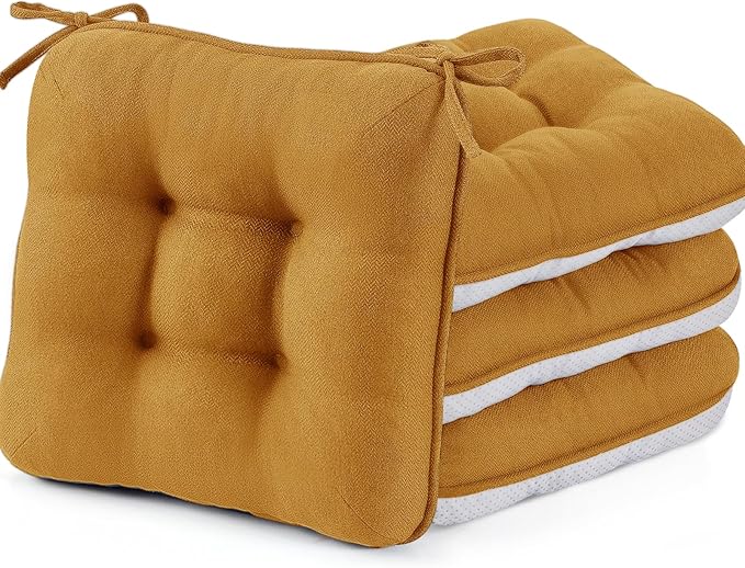 BETU Chair Cushions for Dining Chairs Set of 4,3.5" Thick Kitchen Table Chair Pads with Ties,Non Slip Backing and Covers, Seat Cushion for Dining Room,Bar,Patio Chairs,15.5"X15.5"X3.5",Yellow