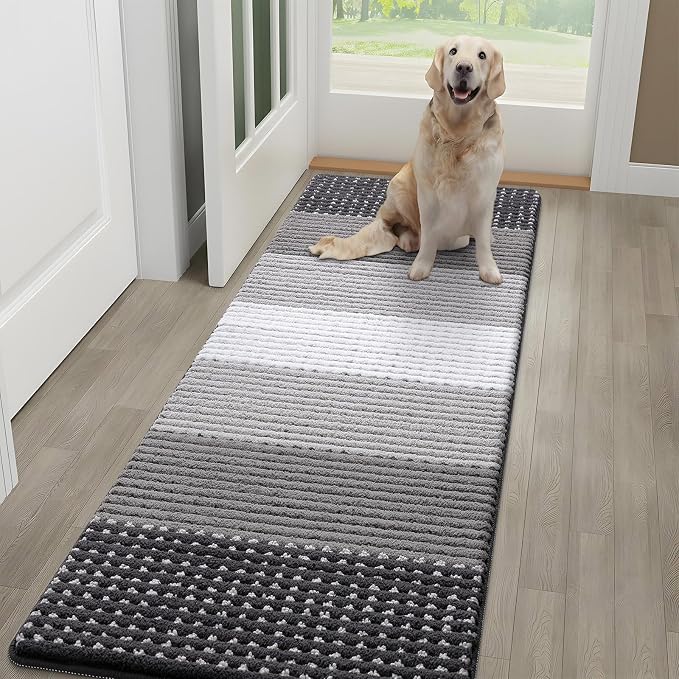 Kitinjoy Indoor Outdoor Door Mat, 59x20 Non-Slip Absorbent Dirt Trapper, Low-Profile Washable Inside Entrance Front Floor Mat, Sturdy Soft Entry Dotted Ombre Doormats for Entryway, Grey