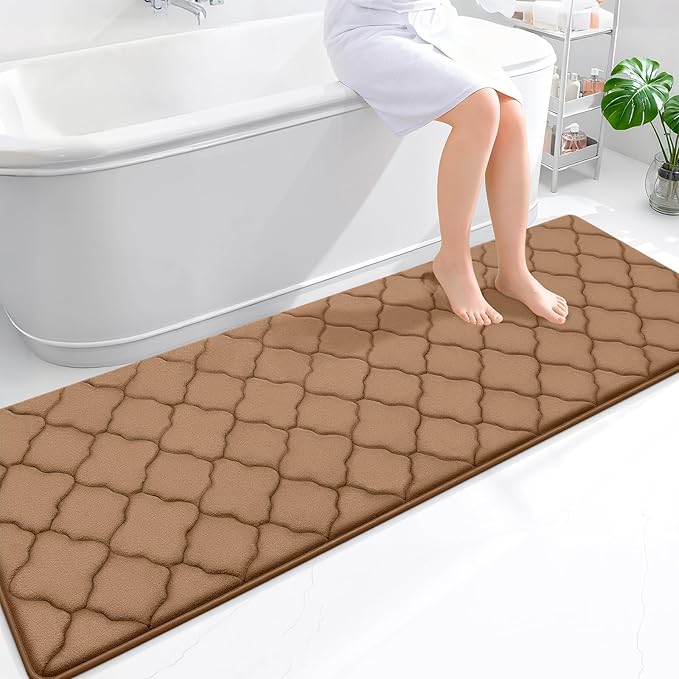 OLANLY Memory Foam Bath Mat Rug 70x24, Ultra Soft and Absorbent Bathroom Rugs, Non-Slip, Comfortable, Machine Washable Bath Carpet for Bathroom Floor, Tub Shower and Home Decor Accessories, Dark Beige
