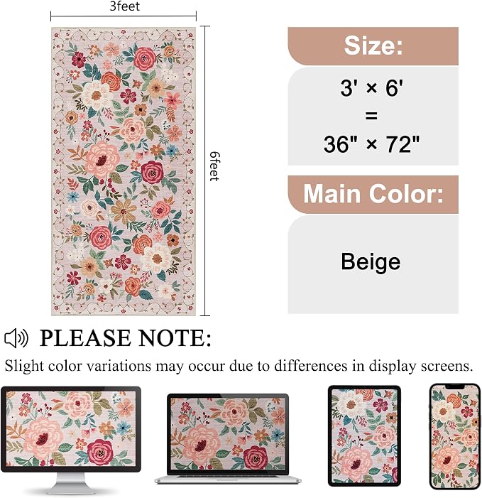 DUKINO 3x6 Runner Rug, Washable Soft Floral Hallway Runner Rug with Non Slip, Low Pile Thin Floor Carpet for Kitchen, Bathroom, Entryway, Laundry, Entryway, Beige