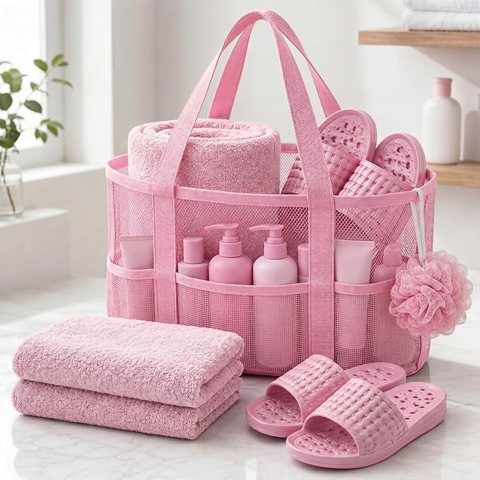 Hosuly 3-in-1 Dorm Shower Kit Large Mesh Shower Caddy, 2 Pack Quick Dry Microfiber Towels 28'' x 55''& Non-Slip Bathroom Shoes, and Quick Dry Gym Travel Kit for Women