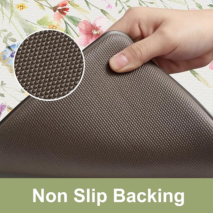 KIMODE Anti Fatigue Kitchen Mats for Floor, Farmhouse Floral Kitchen Rugs Set of 2, 17"x59"+17"x29" Kitchen Floor Mats Non-Slip, Cushioned Standing Mat for Sink, Laundry, Desk, Home White
