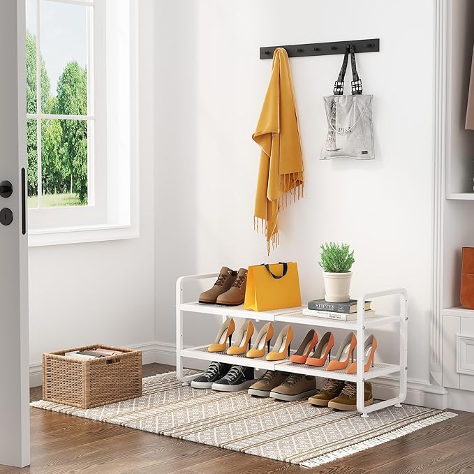 SNTD Shoe Rack - Expandable Shoe Organizer for Closet, Adjustable Metal Shoe Shelf Storage, Stackable Long Shoe Stand Holder for Garage, Entryway, Door Entrance (White, 2-Tier)