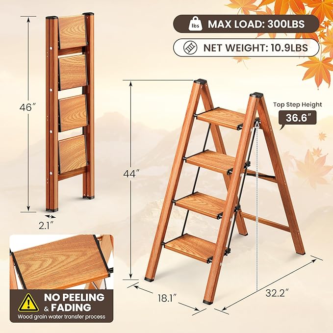 4 Step Ladder, Folding Step Stool with Anti-Slip Wide Pedal, Aluminum Material Lightweight Yet Sturdy, 300 Lbs Load, Cute Modern Apperance for Indoor Household Spaces