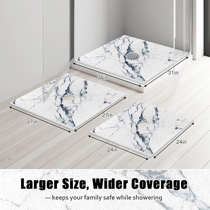 Square Shower Mat Non Slip: 27x27 Inch Shower Floor Mat with Drain Hole in Middle, Super Soft and Comfortable PVC Loofah Massage Bath Mat for Shower, Anti Slip Shower Stall Mat, Quick Drying