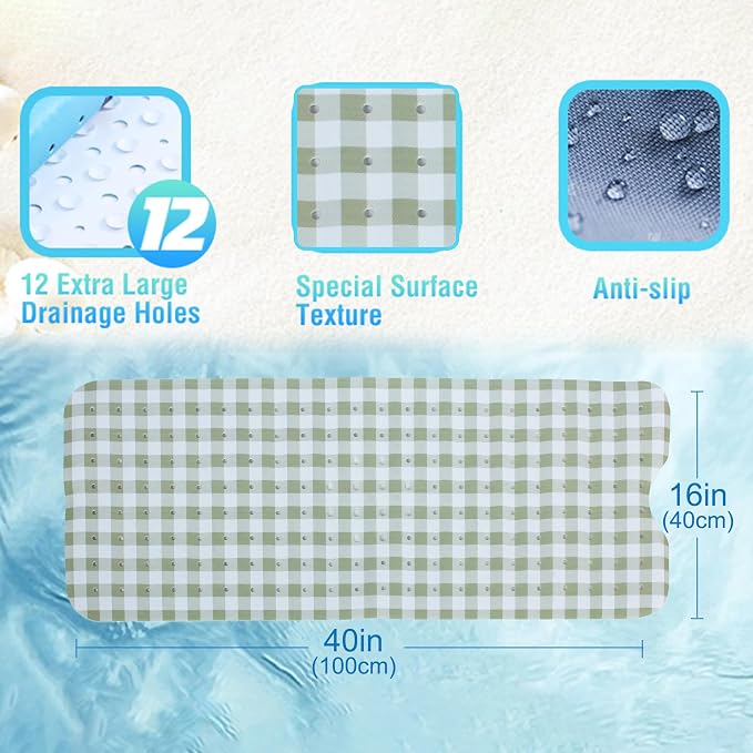 Green Bathtub Mat Non Slip 40x16 Inch Extra Long Bath Mat, Checkered Modern Art Shower Mat, Bath Mat for Tub Anti Slip with Large Drain Holes Suction Cups, Geometric Design Bathroom Mat Green