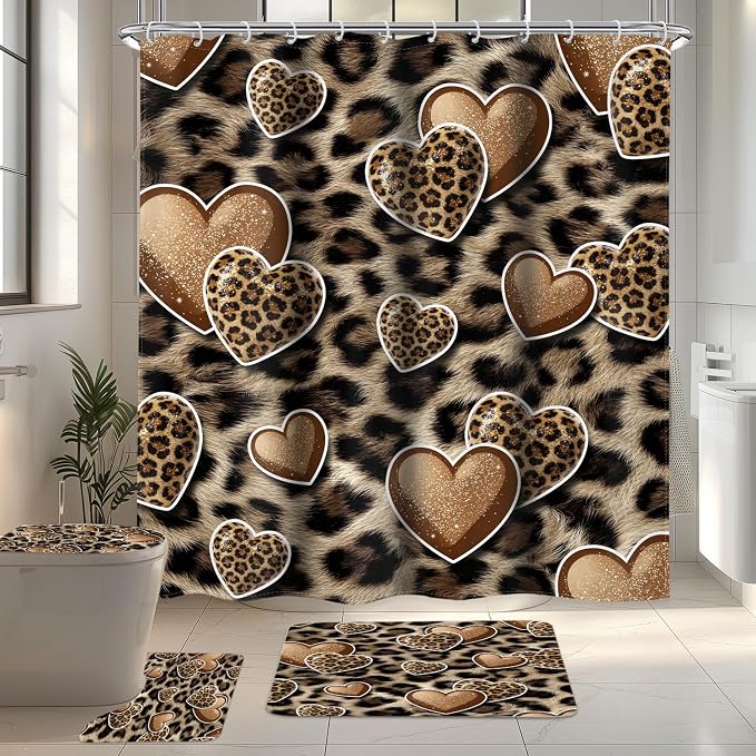 4 PCS Leopard Print Heart Shower Curtain Set 72Wx72H,Toilet Lid Cover,Non-Slip Rugs and U-Shaped Mat,Wildlife Cheetah Bathroom Sets with Rugs Shower Accessories 12 Hooks for Bathroom Decor