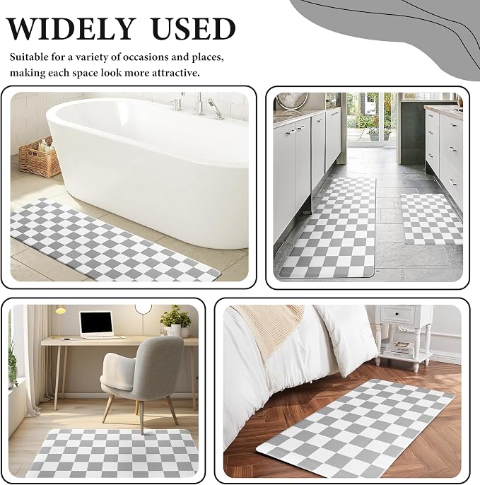 Grey Checkered Grid Checkerboard Kitchen Rug Sets [2 PCs], Anti-Fatigue, Waterproof Non-Slip Kitchen Mats Heavy Duty Ergonomic Comfort Foam Rug for Floor, Home, Laundry,17"x29"+17"x47"