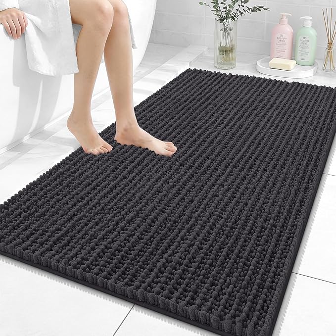 OLANLY Bathroom Rug Mat 44x32, Thick Soft and Absorbent Chenille Bath Mat, Non-Slip Rubber Backing, Machine Washable Quick Dry Bath Rugs for Tub Shower Floor, Home Decor Accessories, Dark Grey