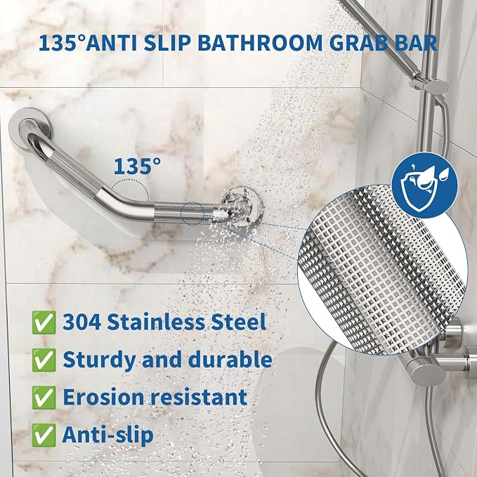 16 Inch Angled Shower Grab Bar, Munzong Anti Slip Satin Brushed Nickel Bathroom Grab Bar, Knurled Bathroom Balance Bar,Safety Hand Rail Support Handicap Elderly Injury Senior Assist Bath Handle