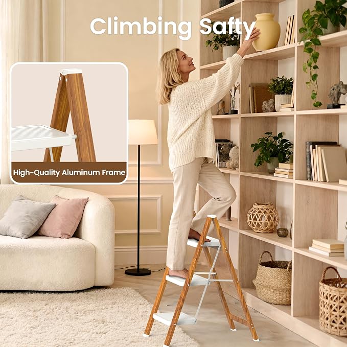 HBTower Step Ladder,Lightweight Aluminum Folding Step Stool with Anti-Slip Wide Pedal,330lbs Capacity Step Ladder for Household,Kitchen,Office - WhiteWoodgrain