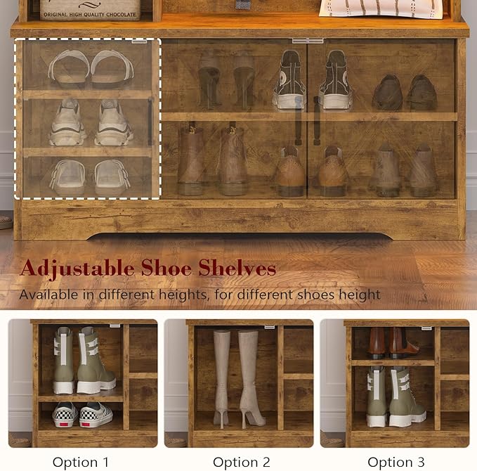 CSZZD Hall Tree with Bench and Shoe Storage, Farmhouse Entryway Bench with Coat Racks and Led Lights, Tall Hall Tree with 7 Coat Hooks, 6 Storage Cubbies, Adjustable Shelf, Rustic