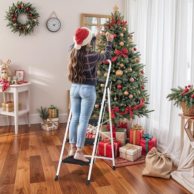 ZENY 4 Step Ladder, Folding Step Stool for Adults, Portable Steel Ladder with Tool Platform, Wide Anti-Slip Pedal, Safety Locking, Lightweight (White)