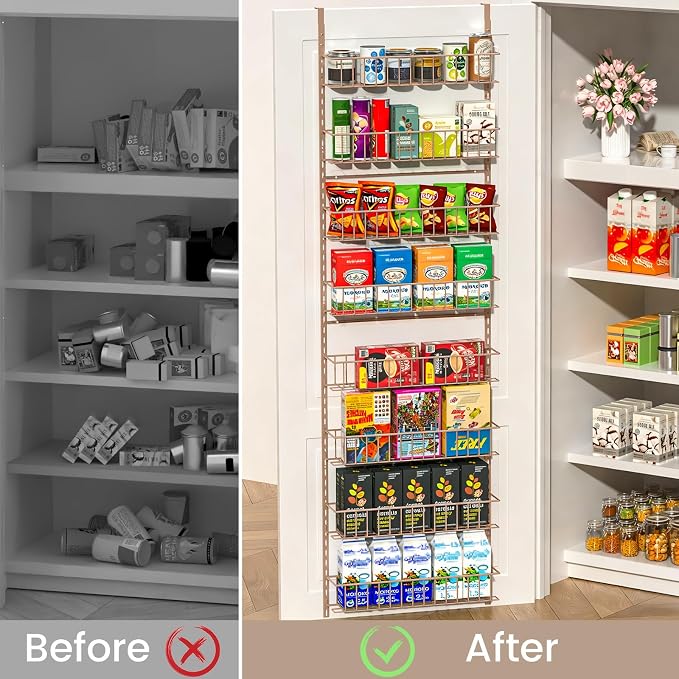 ElegantArray 8-Tier Pantry Door Oragnizer, Over The Door Pantry Organizer Rack and Storage, Hanging Spice Rack Shelves Door, Home Office Laundry Room Bathroom & Kitchen Organization, Brown