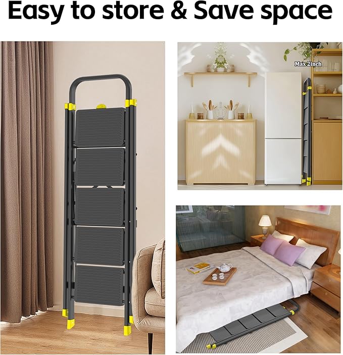DIAMONDFORGE 5-Step Folding Step Ladder Stool with Handle, Anti-Slip Wide Pedals & Feet, 800lbs Capacity for Home Kitchen Adults, Black Yellow