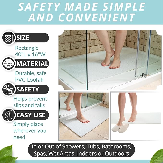 Non Slip Bathtub Mat Shower Mat for Tub - Loofah Bath Mats for Bathroom - 40x16 Bathtub Floor Mat - Textured Anti Slip Bath Mat Without Suction Cups - Secure Mat for Wet Areas (40x16 Aqua Green)