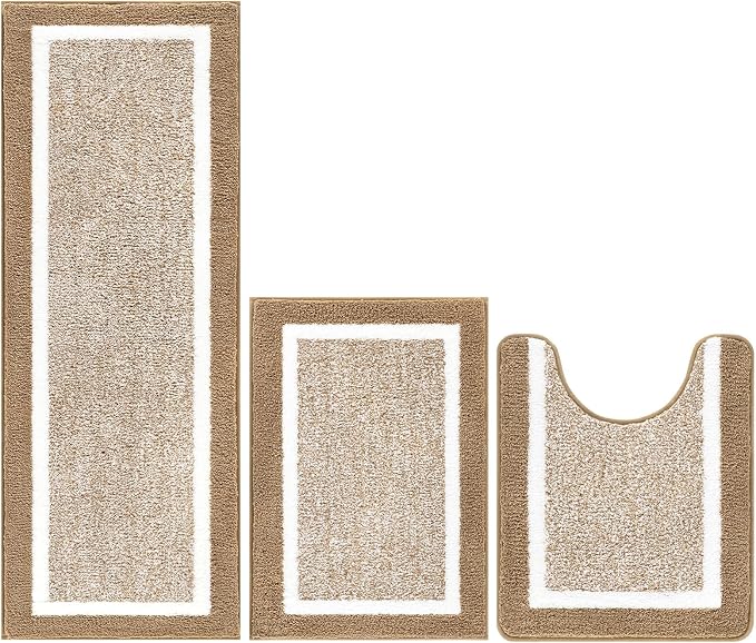 Pauwer Bathroom Rugs Sets 3 Piece Bathroom Shower Rugs with U-Shaped Contour Toilet Mat Absorbent Microfiber Plush Non Slip Bath Mats Machine Washable Shaggy Bath Floor Mat, Khaki