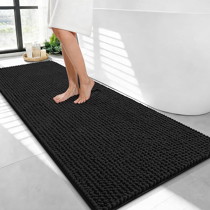 OLANLY Thick Bathroom Runner Rugs 47x24, Extra Soft Absorbent Chenille Bath Rugs, Rubber Backing, Machine Wash Dry, Long Bath Mats for Bathroom Floor, Tub and Shower, Home Decor Accessories, Black