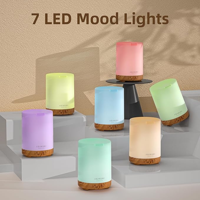 ASAKUKI Essential Oil Diffuser for Home, 300 ml Aromatherapy Diffuser with 6 Essential Oil Sets, Automatic Shut-Off, 7 LED Lights for Living Room, Kitchen, Bedroom, Hotel - Brown with Oils