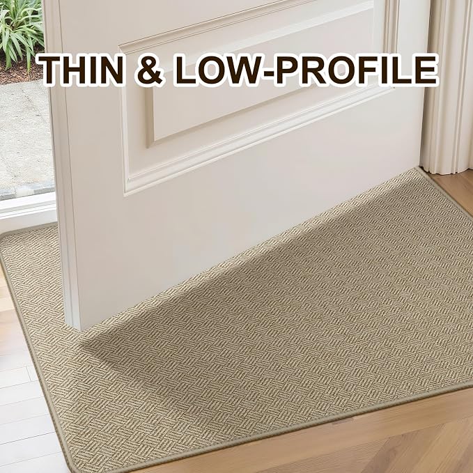 Ultra Thin Door Mat Indoor Entrance 24"x36", Low-Profile Indoor Door Mat, Non Slip Rubber Backing Welcome Entry Mat, Dirt Trapper Entryway Mat Inside Doormat, Khaki