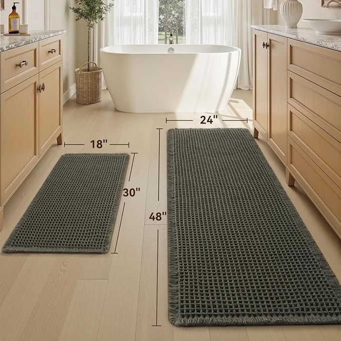 Upgraded Waffle Bath Mat Set of 2, Super Absorbent Non Slip Bath Mats for Bathroom Floor, Washable Boho Bathroom Rugs Set 2 Pieces with Tassels, Soft Bathroom Mat Set, Green, 18" x 30" Plus 24" x 48"