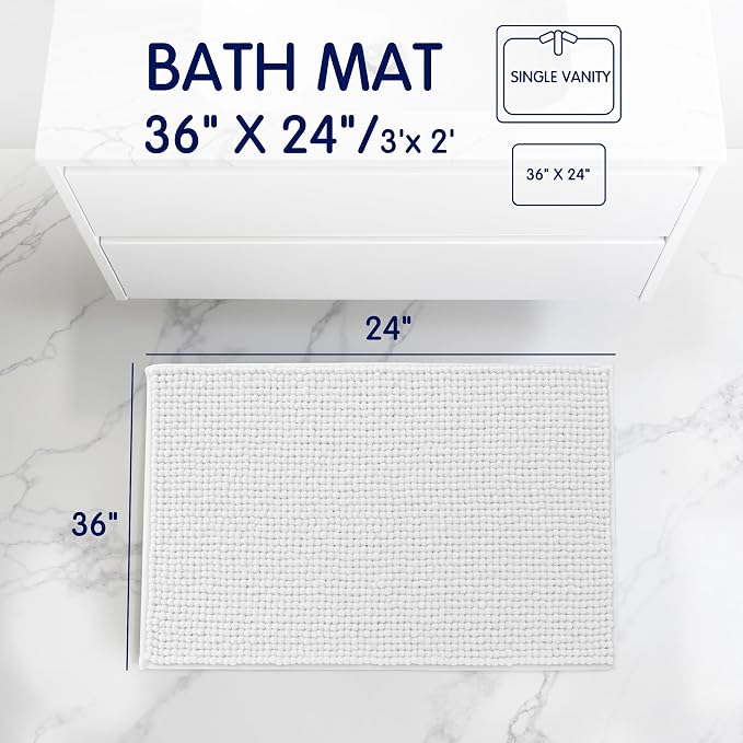 SUBRTEX Bathroom Rugs, 24" x 36" Chenille Bath Rug Soft Short Plush Bath Mat Soft Shower Mat Water Absorbent Shower Mat Quick Dry Machine Washable, White