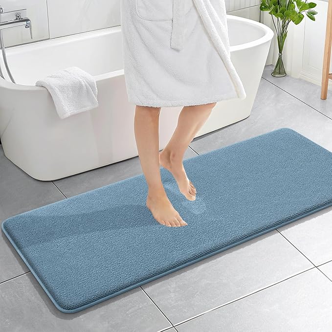 OLANLY Thick Memory Foam Bathroom Runner Rugs 59x20, Extra Soft Absorbent Long Bath Rug, Quick Dry, Non-Slip, Machine Washable Bath Mats for Bathroom, Tub and Shower, Home Decor Accessories, Airy Blue