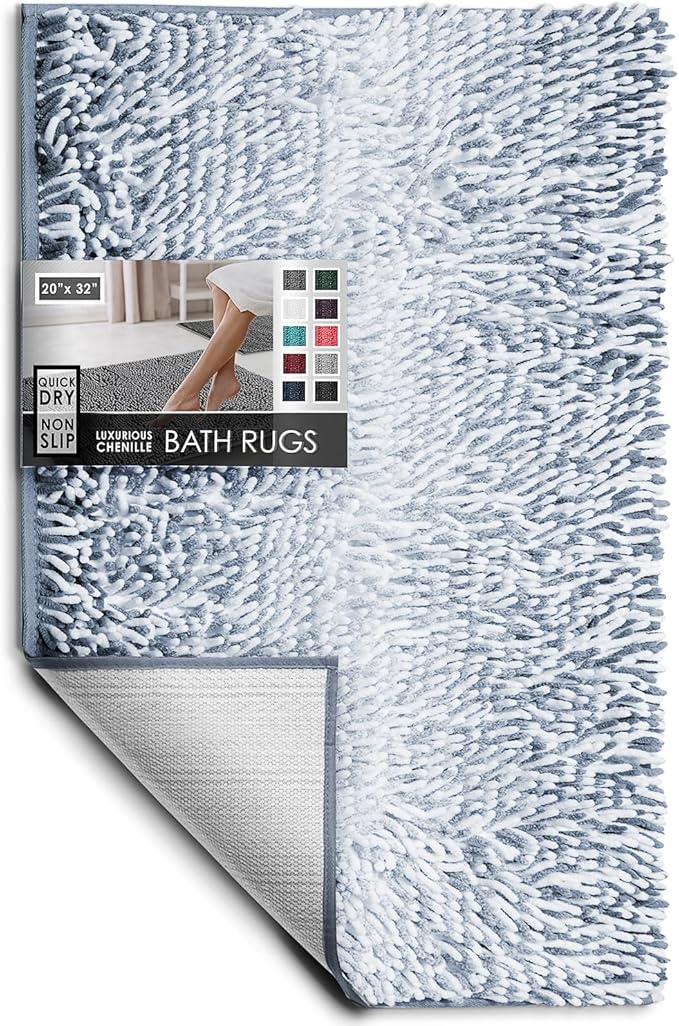 Hearth & Harbor Bathroom Rugs, Chenille Bath Mat - Machine Washable Bath Mats for Bathroom Non-Slip Backing Rubber, Quick Dry Bathroom Mat, 20 x 32 - Ombre Blue