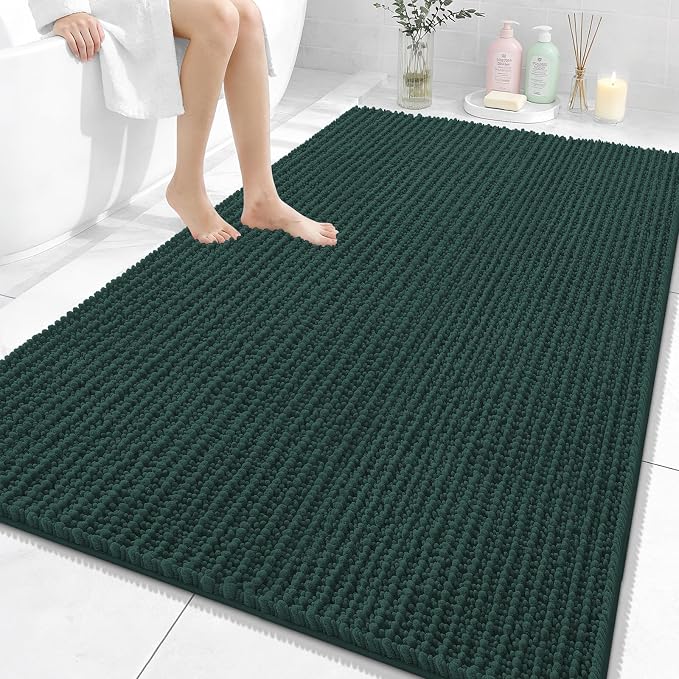 OLANLY Bathroom Rug Mat 59x35, Thick Soft and Absorbent Chenille Bath Mat, Non-Slip Rubber Backing, Machine Washable Quick Dry Bath Rugs for Tub Shower Floor, Home Decor Accessories, Blackish Green