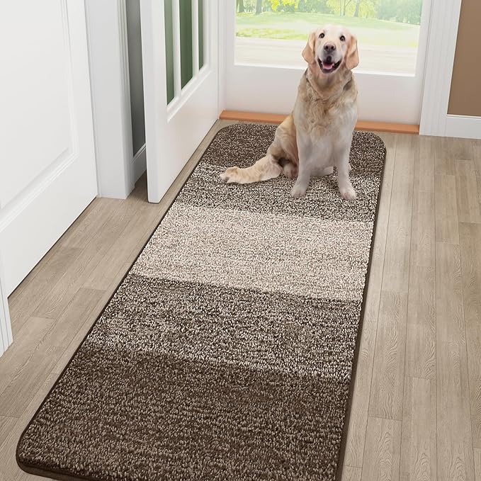 Smiry Dog Door Mat for Muddy Paws, Absorbs Moisture and Dirt, Low-Profile Entryway Mat with Non-Slip Backing, Entry Indoor Outdoor Doormat for Inside Floor (48x30 Inches, Light Brown, Striped)