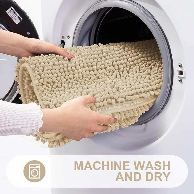 Grandaily Chenille Striped Bathroom Rugs 70x24, Extra Thick and Absorbent Bath Mats, Non-Slip Soft Plush Shaggy Shower Carpet, Machine Wash Dry, Bath Rug for Bathroom, Beige