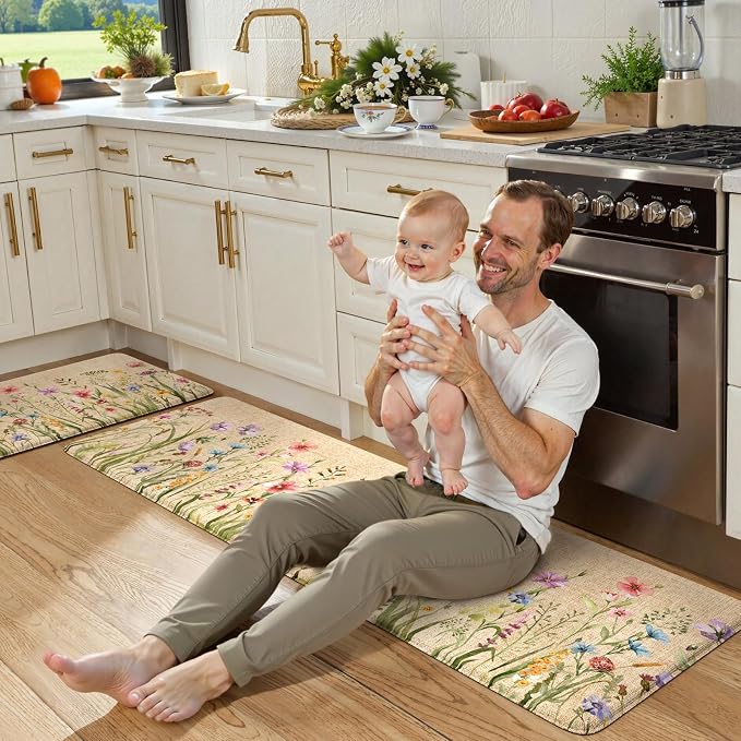 KIMODE Anti Fatigue Kitchen Mats for Floor, Farmhouse Brown Kitchen Rugs Sets of 2, Summer Cushioned Kitchen Floor Mats, Comfort Standing Mats for Sink Laundry Office Desk 20"x59"+20"x32"
