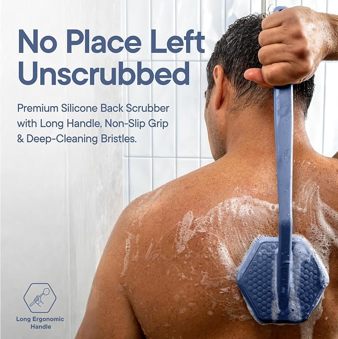 TOOLETRIES Silicone Back Scrubber for Shower, Exfoliating Body & Bath Brush, Long Ergonomic Handle, Non-Slip Grip for Hard-to-Reach Areas, Hygienic Silicone Bath Accessory for Men & Women - Glacier