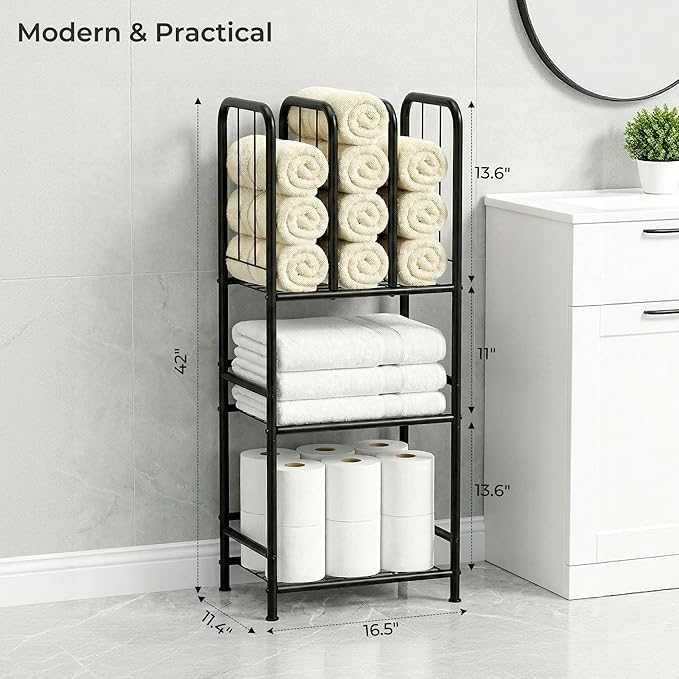 3 Tier Towel Racks for Bathroom with Dividers, Free Standing Metal Towels Holder Stand with Shelf, Towel Storage Organizer Bathroom Shelf, Metal Shelving Unit, Pool Towel Rack, Black