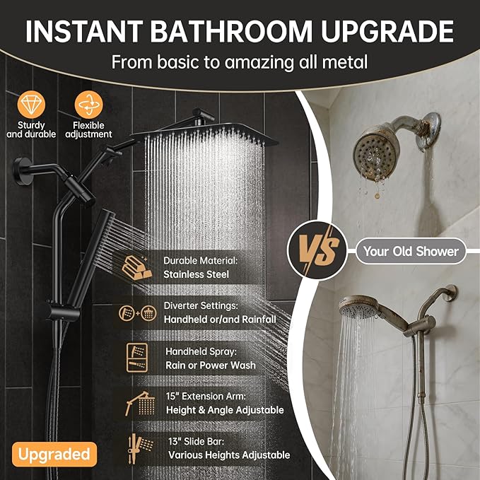 Veken All Metal 10" Black Shower Head with Handheld, Luxurious Square Double Rain Shower Heads with Spray Combo, Dual High Pressure Detachable Rainfall Showerhead with Arm,Bathroom Upgrade,Matte Black