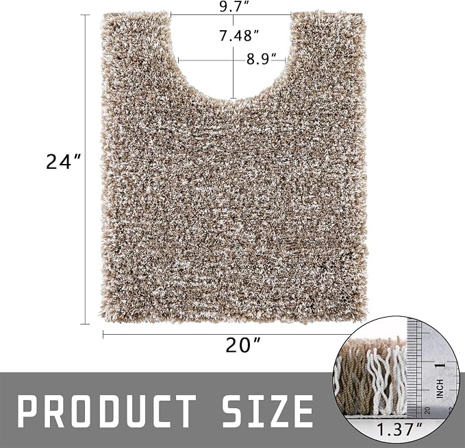 Yimobra Toilet Rugs U Shaped Washable 24X20, Ultra Soft and Water Absorbent Bath Mats, Non Slip Fluffy Shaggy Luxury Microfiber Contour Bath Rugs for Toilet, Dry Quick, Light Brown and White