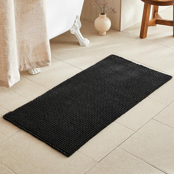 TYUU Black Bathroom Rug, Waffle Bath Mat Non Slip Washable Super Absorbent Quick Dry Boho Farmhouse Bathroom Decor, 48"x24" Black