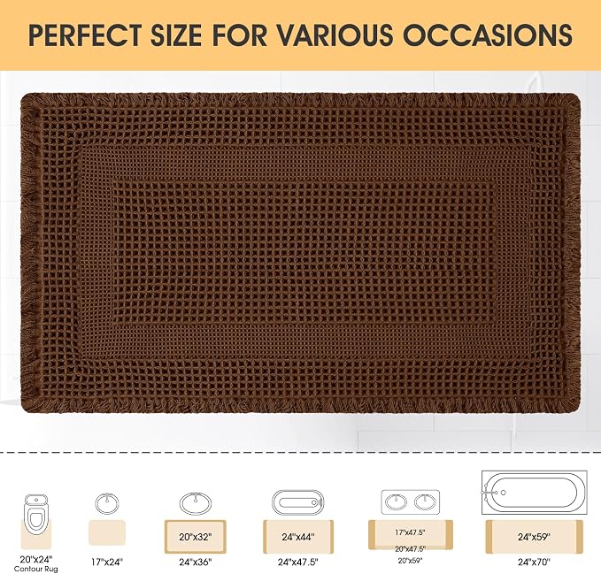 Waffle Bath Mat, Boho Woven Modern Bath Rug Absorbent Non Slip, Ultra Soft Bathroom Mats, Machine Washable Knit Bath Rugs with Tassels for Bathroom, Bedroom, Kitchen, Shower, Tub, 32"x20", Brown