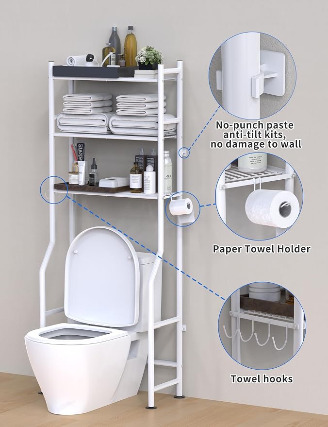 Livilord 3-Tier Over The Toilet Storage, Freestanding Metal Bathroom Shelves with 4 Hooks, Over Toilet Storage Shelf with Paper Holder, Above The Toilet Shelf for Bathroom Storage, White