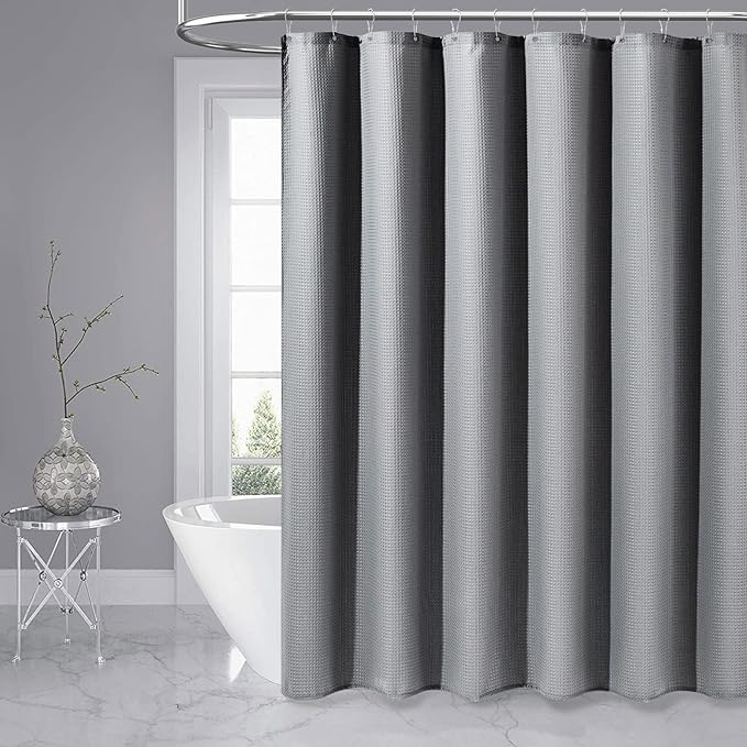 Dynamene Extra Long Shower Curtain,84 Inch Long Grey Waffle Weave Heavy Duty Fabric Bathroom Shower Curtain, Neutral Weighted Hotel Thick Bath Curtain Set with 12 Plastic Hooks,72x84,Grey/Gray