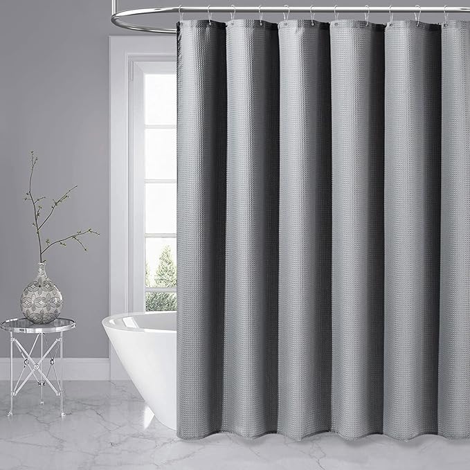 Dynamene Extra Long Shower Curtain,96 Inch Long Waffle Weave Weighted Thick Cloth Bathroom Shower Curtain, Neutral Heavy Duty Hotel Bath Curtain Set with 12 Plastic Hooks,72x96,Grey/Gray