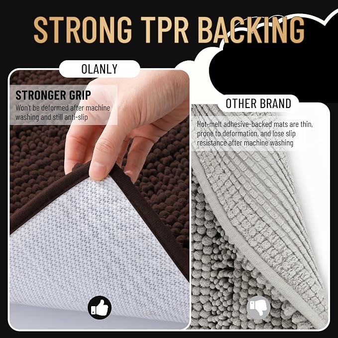 OLANLY Thick Bathroom Rugs 36x24, Extra Soft Absorbent Chenille Striped Bath Rugs, Rubber Backing, Machine Wash Dry, Bath Mats for Bathroom Floor, Tub and Shower, Home Decor Accessories, Brown