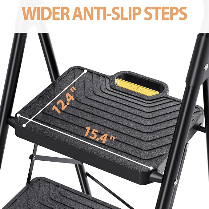 TOOLF 4 Step Ladder, Sturdy Steel Step Stool with Anti-Slip Wide Pedals, Handrail, Safe-Lock Design, Folding Portable Ladder for Multi-Purpose, Home, Kitchen, Pass 800lbs Load Testing, Black
